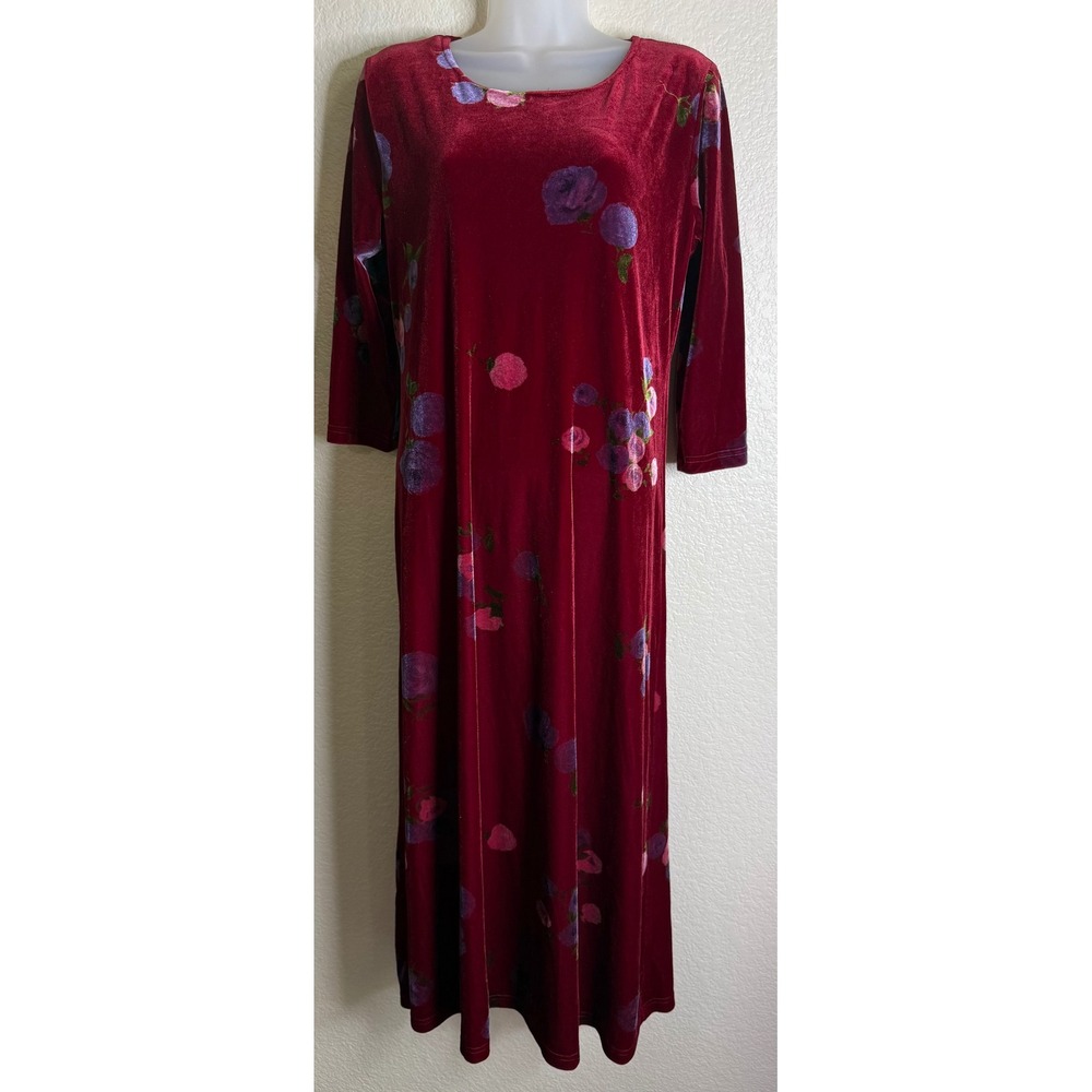 Los Angeles Gal Womens M Maxi Dress‎ Burgundy Velvet Floral 3/4 Sleeve Vintage